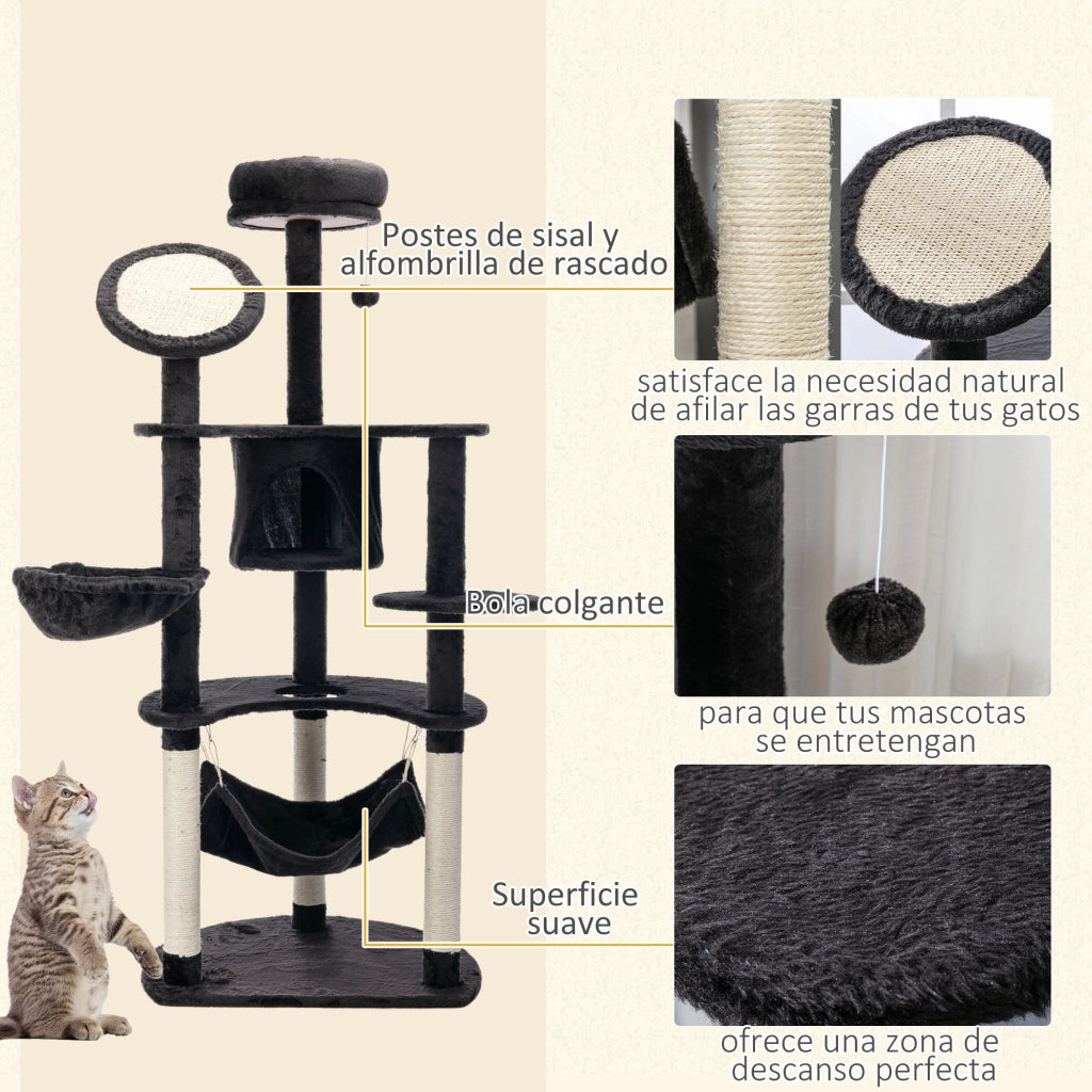 Albero tiragraffi per gatti con piattaforme, amaca e palla gioco ¨C zephmum ¨C Grigio scuro 65x50x153 cm