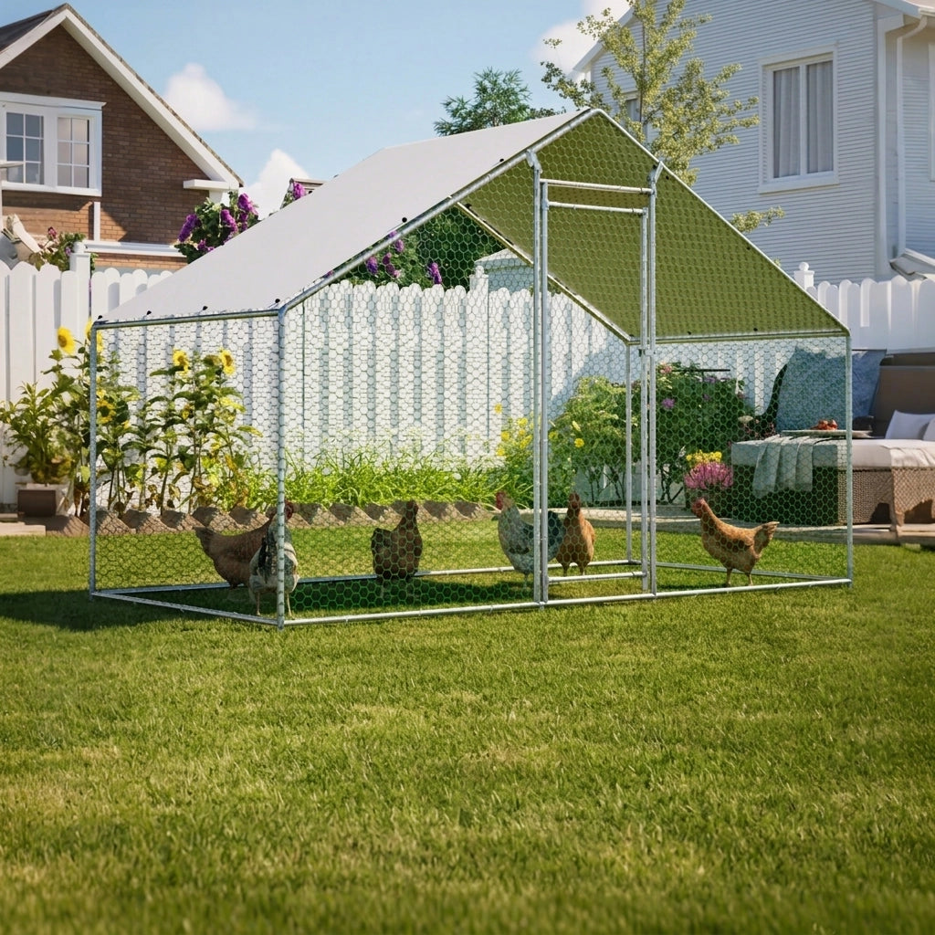 Pollaio in Metallo 3×1;5×2 m; Recinto per Galline da Esterno con Telo Impermeabile UV; Porta con Serratura e Rete Protettiva