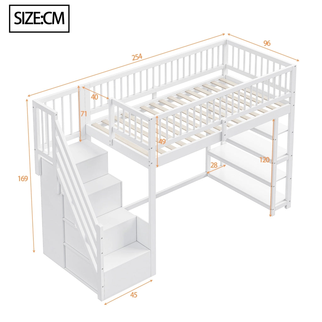 Letto a Soppalco Letto Singolo con Armadio; Scaffali e Vani Contenitore; 90×200 cm; senza Materasso; Bianco