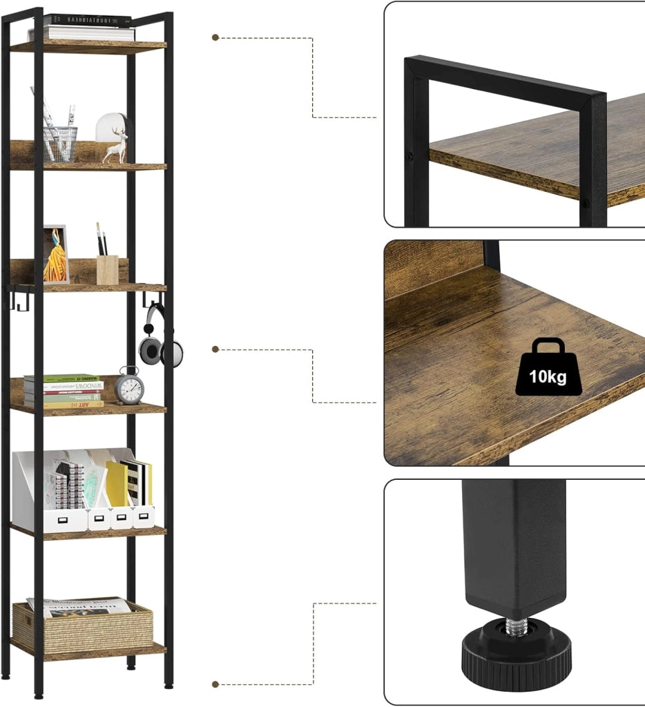 Libreria Industriale a 6 Livelli, Scaffale in Metallo e Legno per Soggiorno e Cucina, Salvaspazio con 4 Ganci, Nero + Legno Vintage, 40x30x187cm
