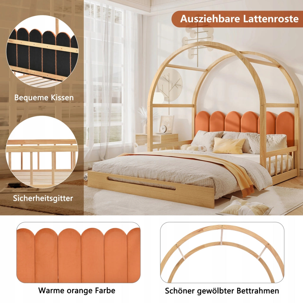 Letto con struttura estraibile - Xylo - 140x100cm&140x200cm - Naturale e arancione