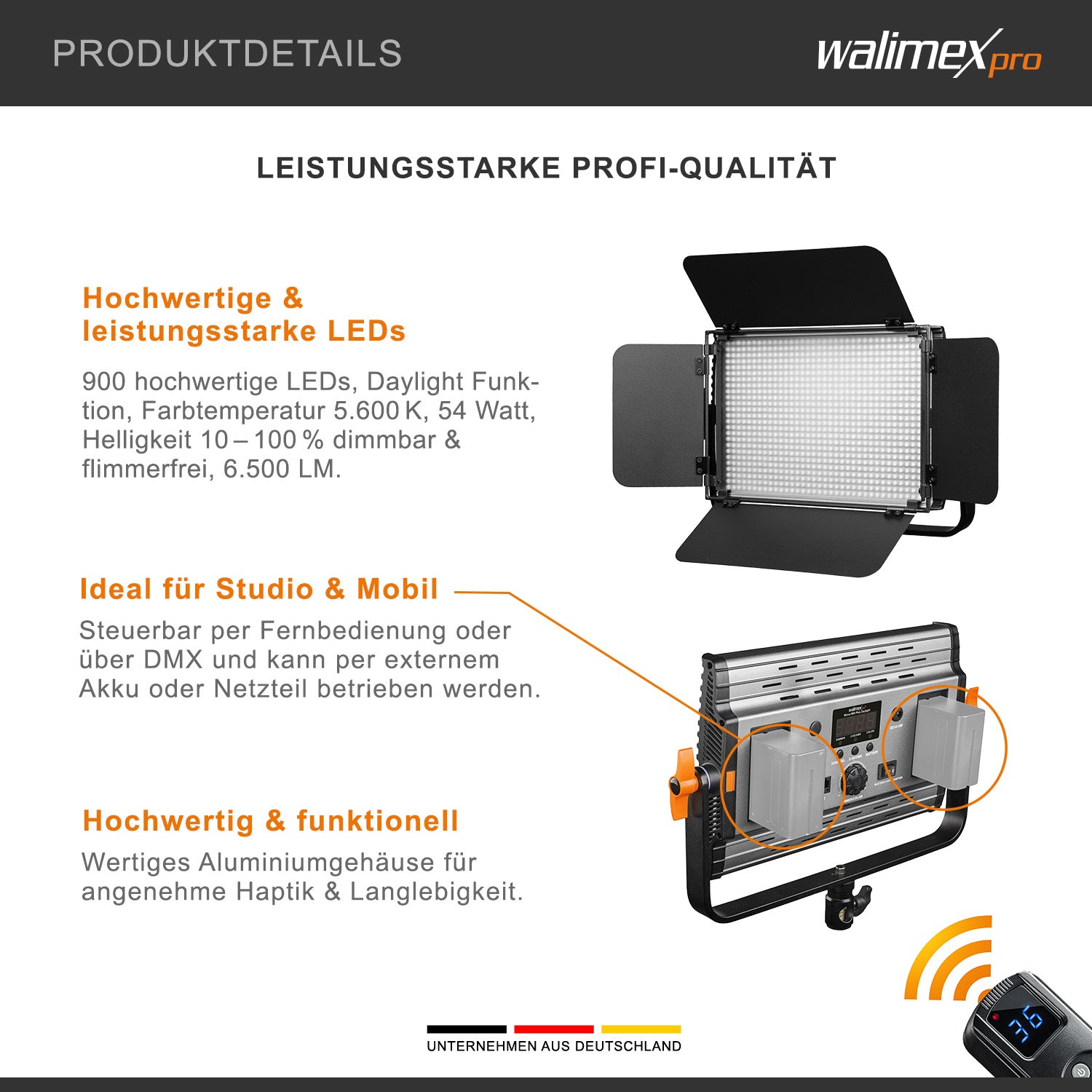 Niova 900 Plus Daylight Faretto per fotografia, luce a pannello LED 54 W per foto e video dimmerabile, con telecomando, per studio fotografico