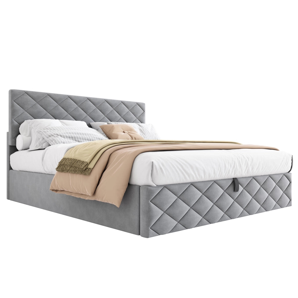 Letto imbottito 140x200 cm con rete a doghe, sollevamento idraulico e vano contenitore, grigio