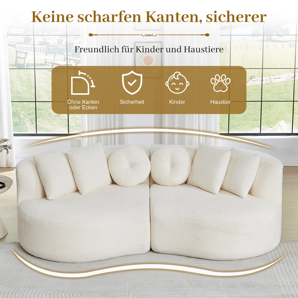 Divano modulare in chenille con schienale continuo e 6 cuscini forma curva a due moduli beige per soggiorno e sala giochi