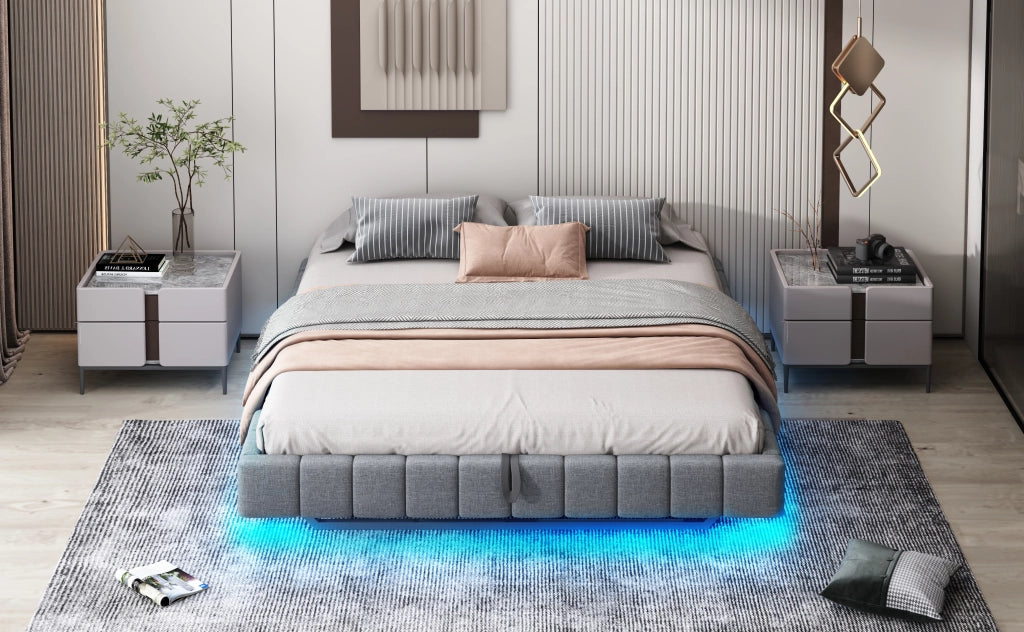 DESMIU Letto imbottito 180 × 200 cm 2 posti con LED regolabile e contenitore, senza materasso, in lino grigio