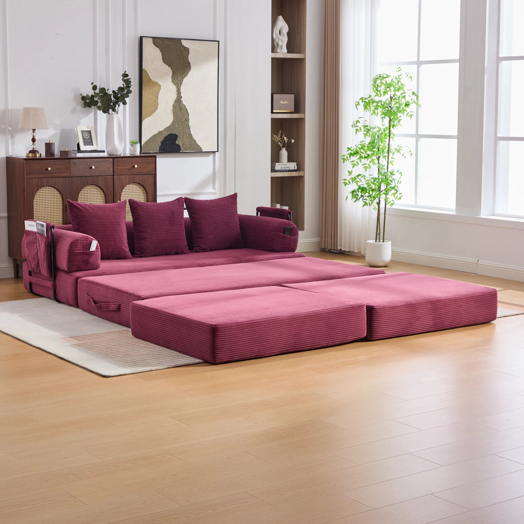 Divano modulare in corduroy con pouf e tasca laterale 200x190x67 cm; bordeaux vino