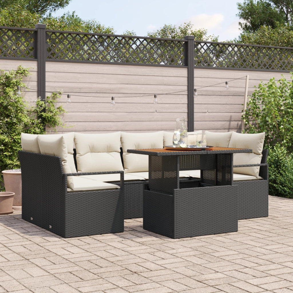Set di divani da giardino  7 pezzi con cuscini nero polyrattan acacia