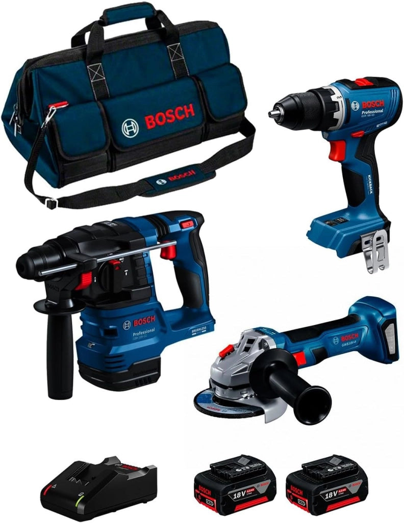BOSCH Professional Kit 0615A50094 (GSR 18V-65 + GWS 18V-8 + GBH 18V-22 + 2 x 4,0Ah + GAL18V-40 + Sac)