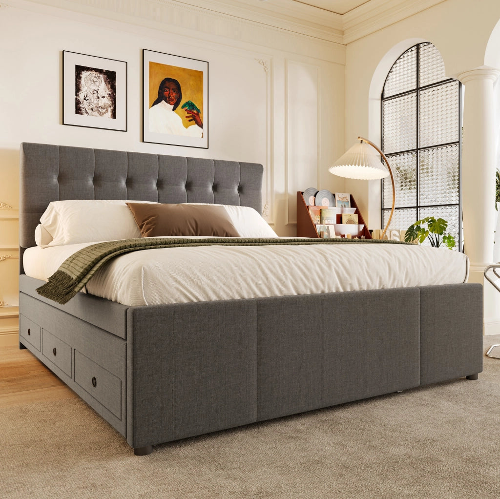Letto imbottito 140x200 cm; estraibile con 3 cassetti; testiera regolabile; lino; grigio (Senza materasso)