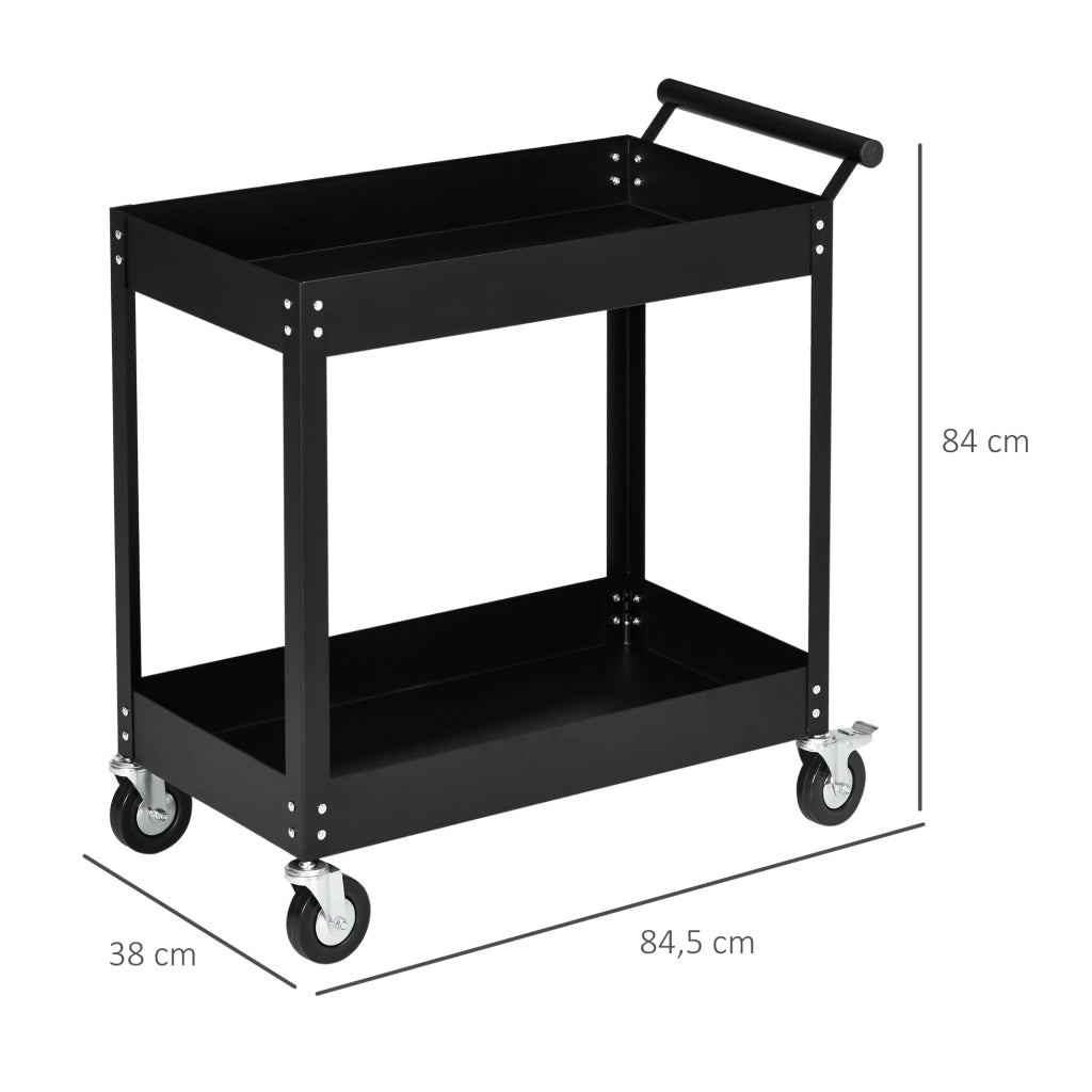 Carrello da officina a 2 ripiani con 4 ruote, struttura in acciaio, portata 150 kg, nero