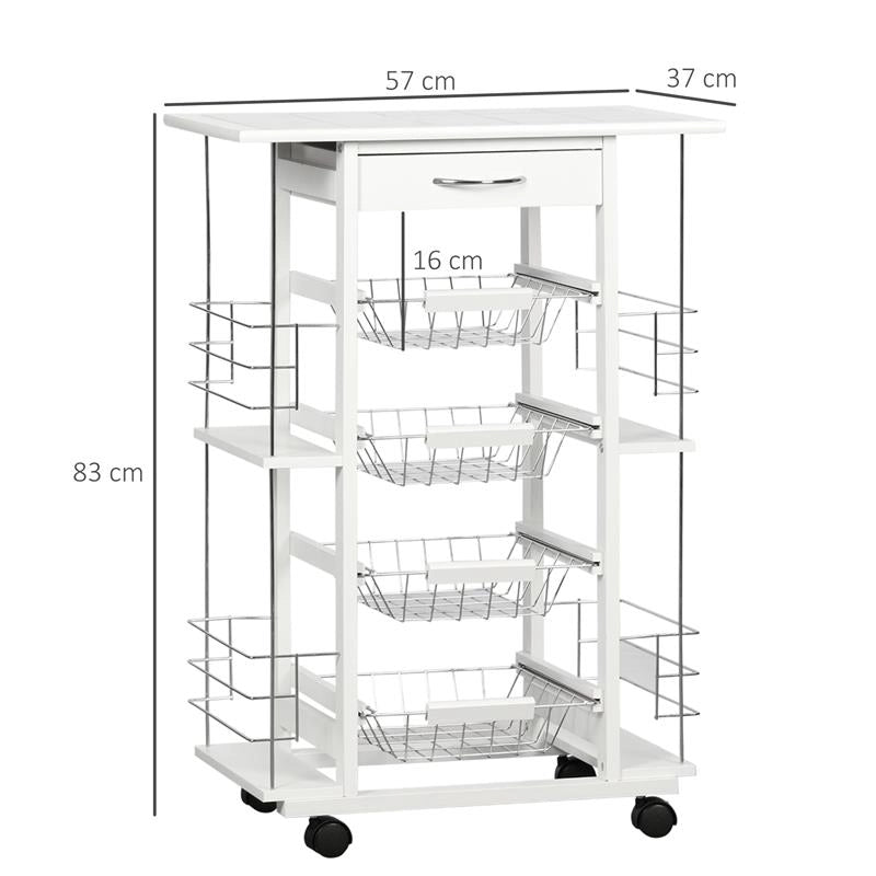CARRELLO DA CUCINA CON CASSETTO, 4 CESTI E 4 RIPIANI, IN METALLO, CERAMICA E LEGNO, 57X37X83 CM, BIANCO