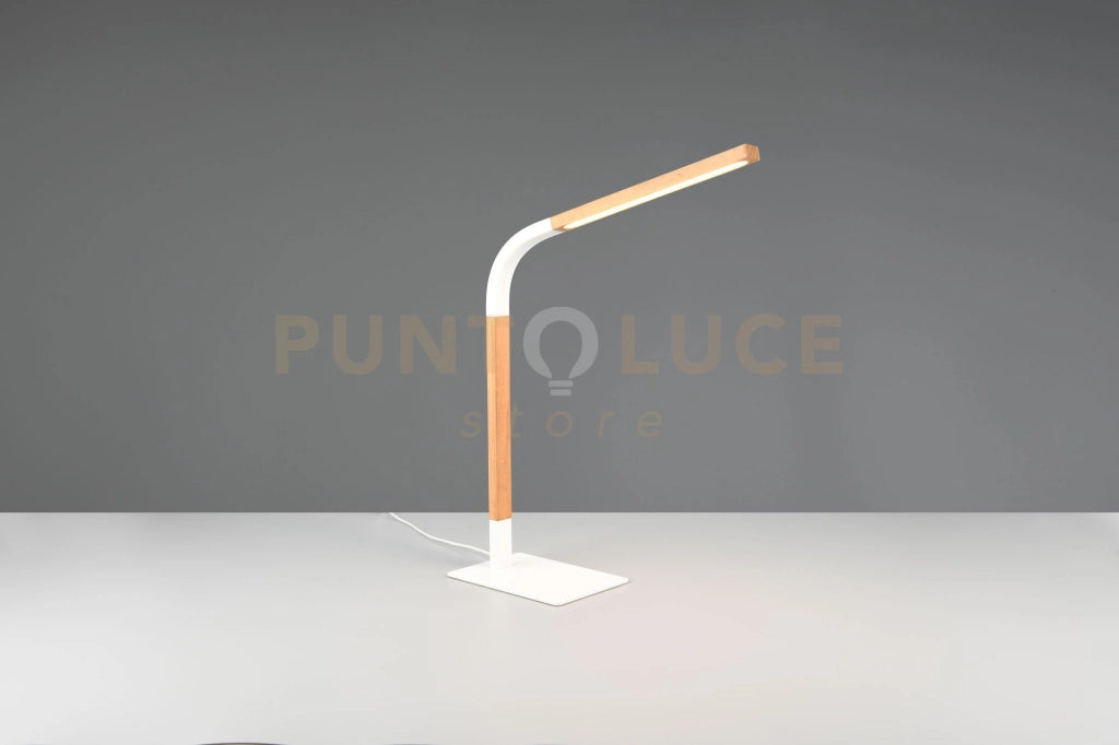 NORRIS LAMPADA DA STUDIO LED 7W 950lm, 3000K METALLO BIANCO E LEGNO FLESSIBILE CON REGOLAZIONE INTENSITA' H. 42CM