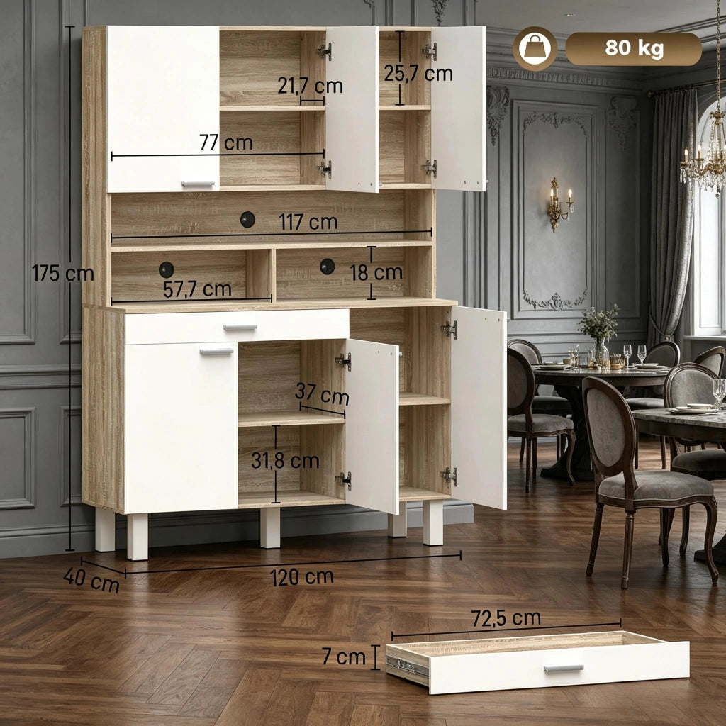 Credenza da cucina con 4 ante, cassetto e ripiano aperto, in truciolare e metallo, bianco naturale, 120 × 40 × 175 cm