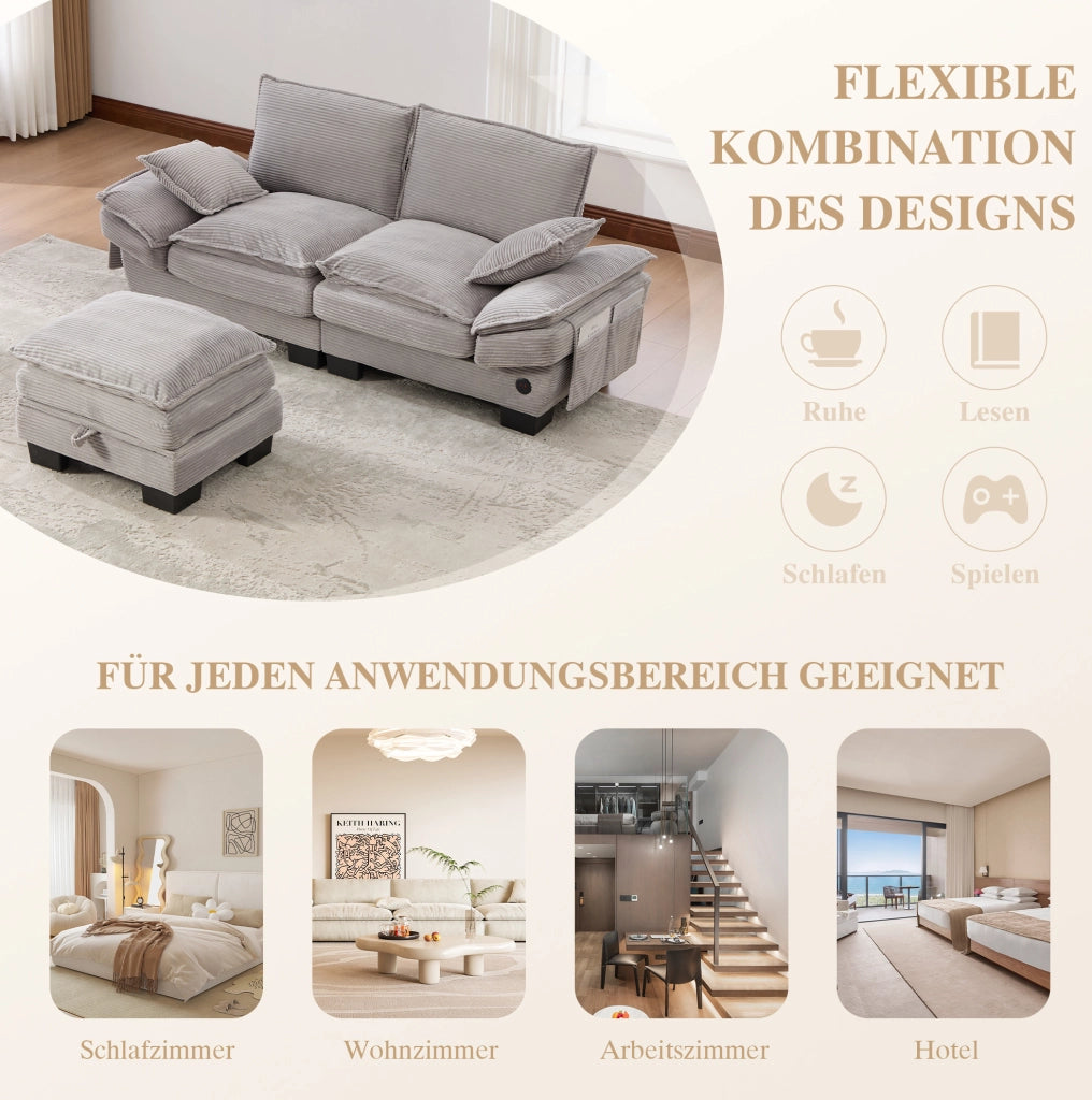 Divano 2 posti con pouf in corduroy 190 cm; con USB-C e tasche laterali; grigio chiaro