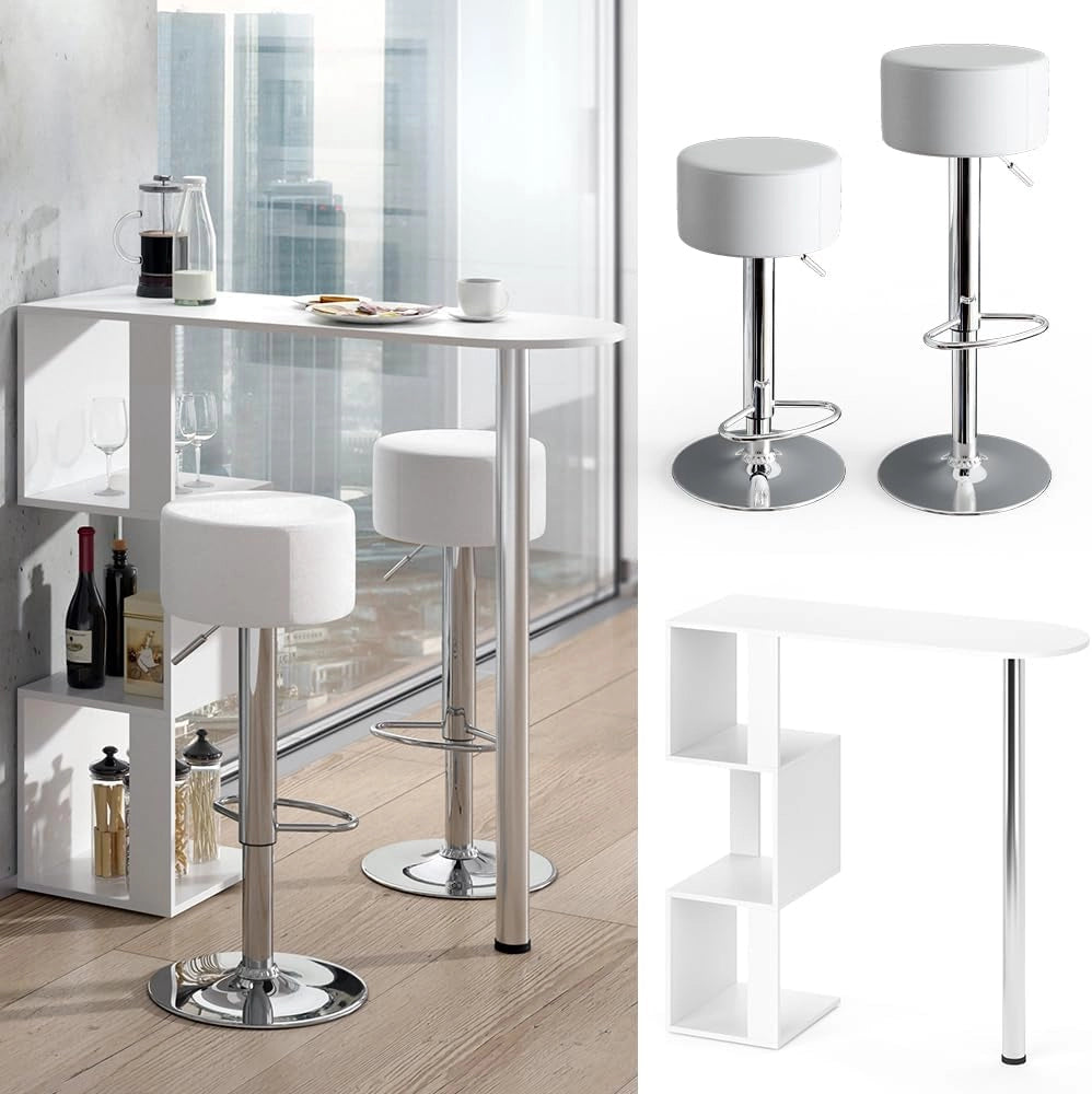 Set di tavoli da bar Vincent, Bianco, 113 x 39.8 cm con 2 sgabelli da bar, per l'utilizzo come tavolo alto con ripiani laterali