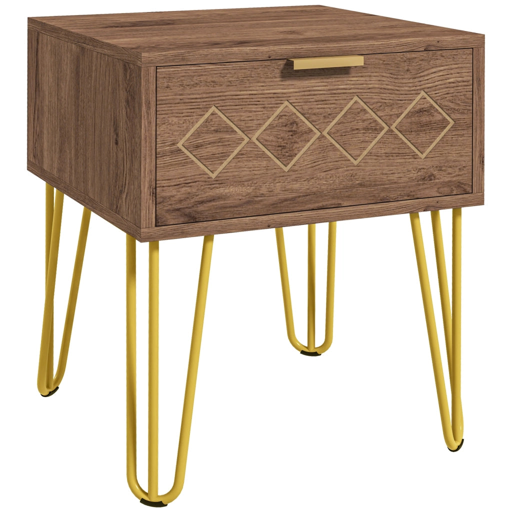 Comodini Moderni Set 2 Pezzi con Cassetto , Comodini Camera da Letto, Salotto, in Truciolato e Acciaio, 39.5x41x49 cm, Marrone e Oro