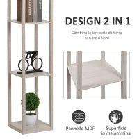 Lampada a Terra 40W con 3 Mensole Integrate e Interruttore a Pedale, Lampada Moderna in MDF e Acrilico, 26x26x160 cm, Rovere