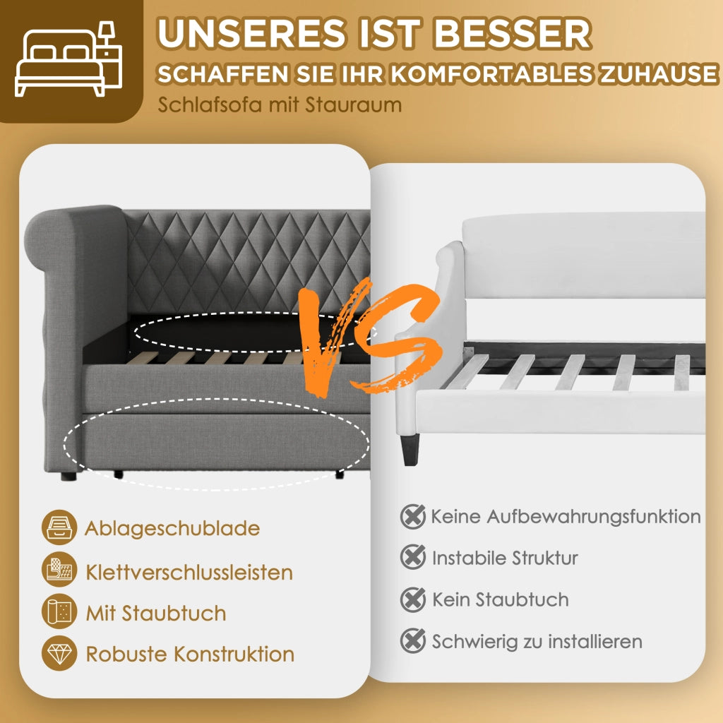 DESMIU Letto divano 90 × 200 cm 1 posto con 2 cassetti e schienale curvo, senza materasso, in lino, grigio