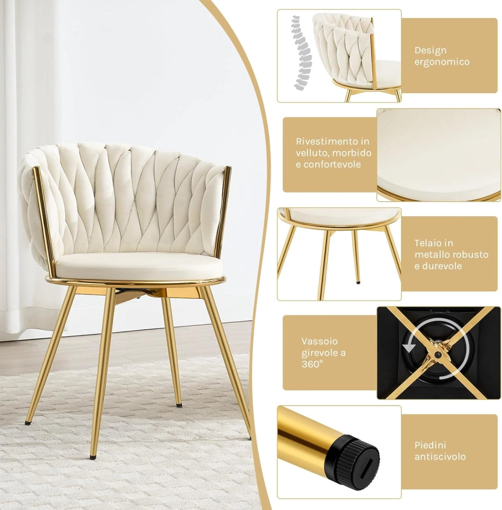 Sedie da Pranzo Girevoli Set di 2, Sedie da Cucina Ergonomiche Imbottite con Gambe in Metallo, Seduta in Velluto per Cucina, Soggiorno, Balcone, Beige, EZS84be-2