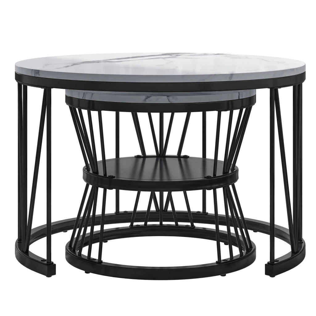 Tavolino da salotto rotondo 70x70x45 cm; set 2 pezzi sovrapponibile; tavolino salotto moderno con struttura in metallo nero e piano effetto marmo nero