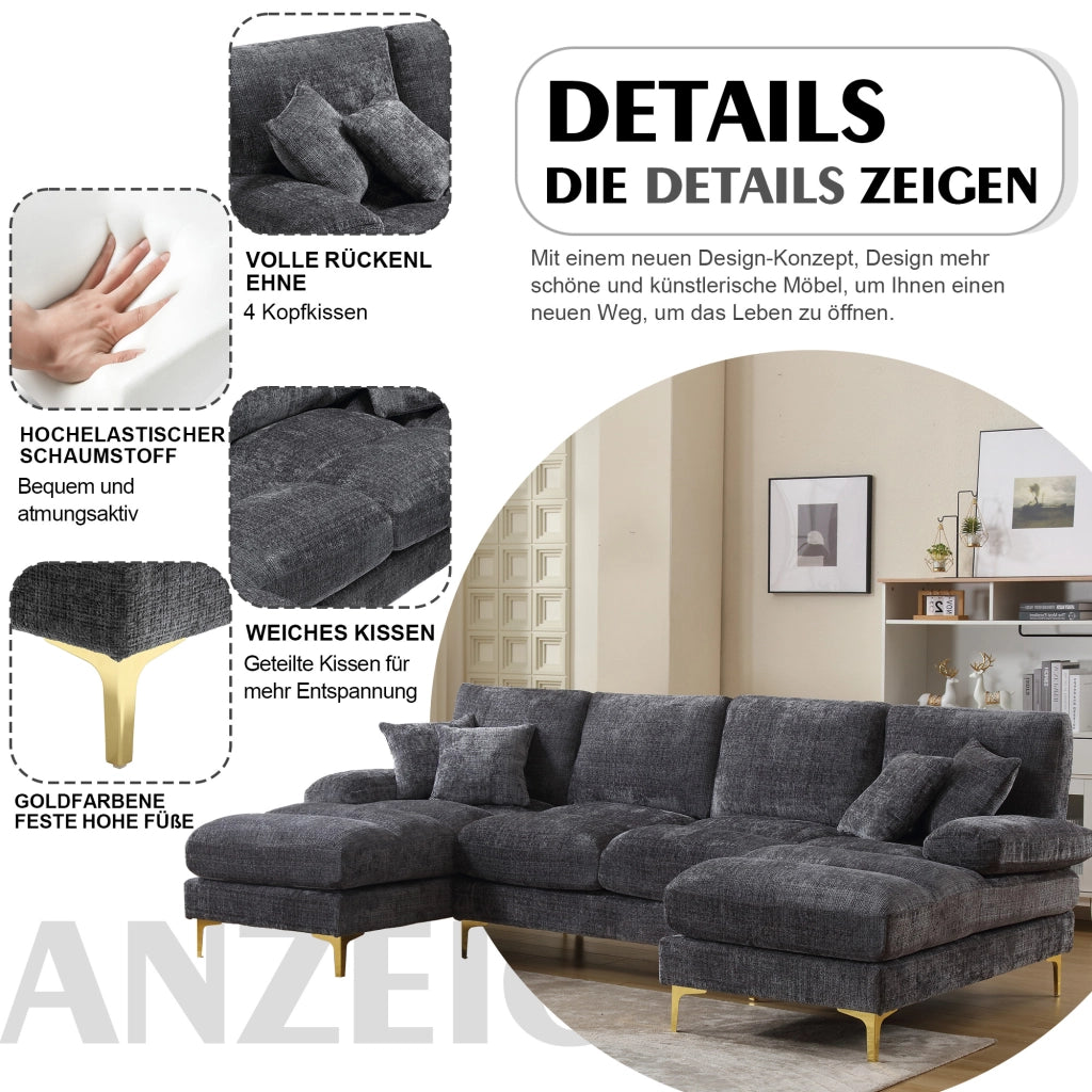 Divano Angolare a U con Doppia Chaise Longue e 6 Cuscini; in Ciniglia Grigio; 272 × 136 × 88 cm