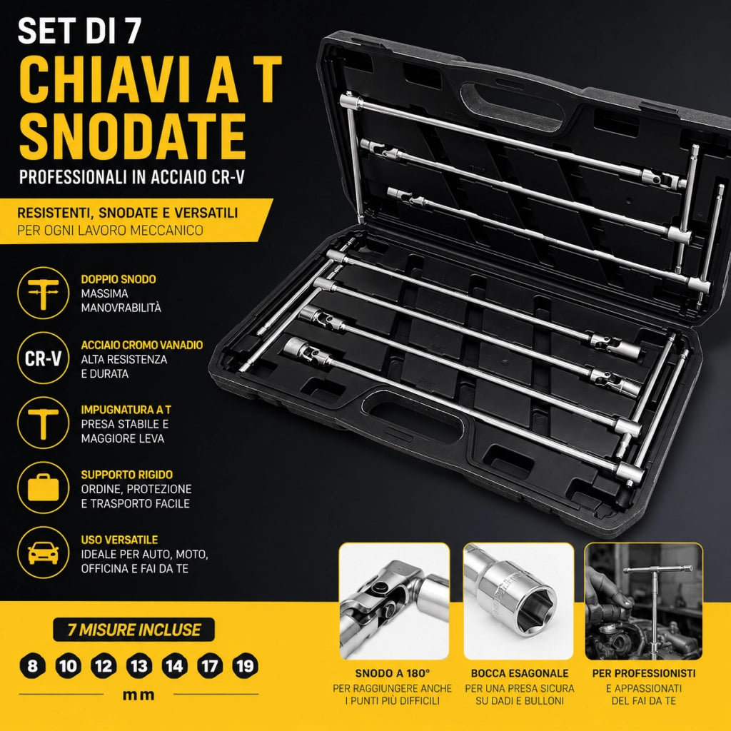 Set 7 Chiavi a T Snodate Doppio Snodo Lunghe 8-19 mm con Supporto