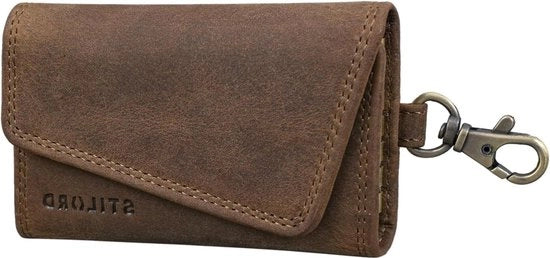 Organizzatore di chiavi in pelle medio marrone con card holder e blocco RFID, con gancio granchio e catena per chiavi.