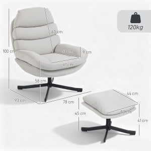 POLTRONA Girevole con Pouf 78x93x100 cm Poliestere Bianco crema