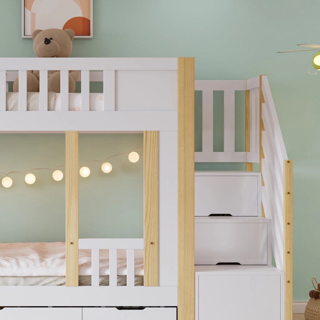 Letto a Castello 90x200 cm; 3 Cassetti; Scala Contenitore e Lavagna - Bianco Naturale