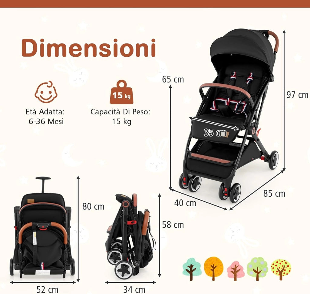 Passeggino Leggero per Bambini, con Schienale e Poggiapiedi Regolabili, Cappottina e Zanzariera, Compatto e Pieghevole, per Bambini 0-3 Anni, fino a 15 kg (Nero)