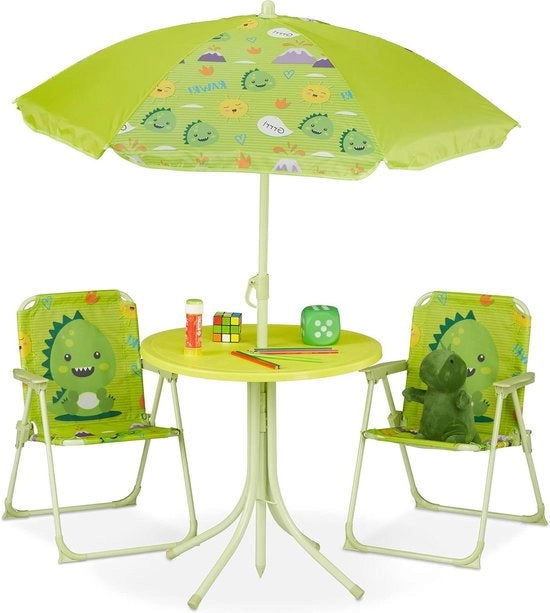 Set da giardino per bambini con ombrellone design di mostro - Gruppo di sedute per bambini per campeggio e giardino auto tavolo verde per bambini