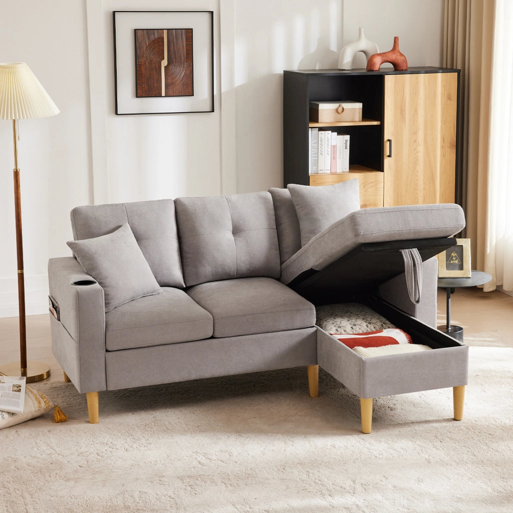DIVANO angolare con chaise longue e contenitore 175x129x90 cm grigio chiaro cotone e lino