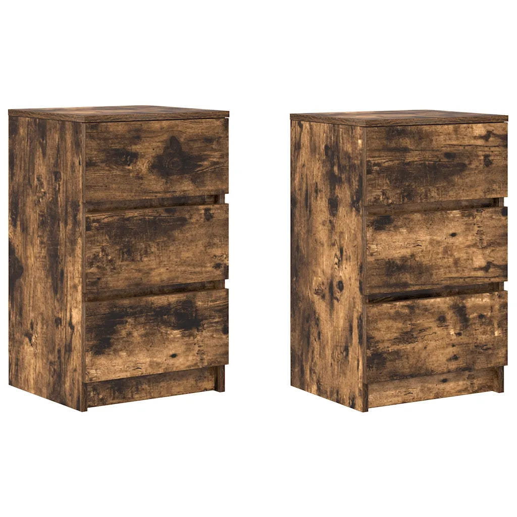 Set di 2 Comodini | Armadio da Notte | Mobiletto da notte con 3 Cassetti Rovere Fumo 39x35x65 cm