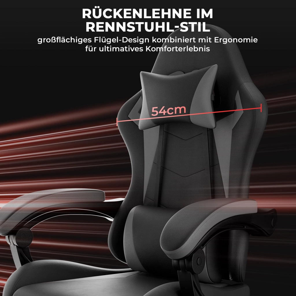 Sedia da gaming ergonomica reclinabile con poggiatesta; supporto lombare e poggiapiedi; nero/grigio