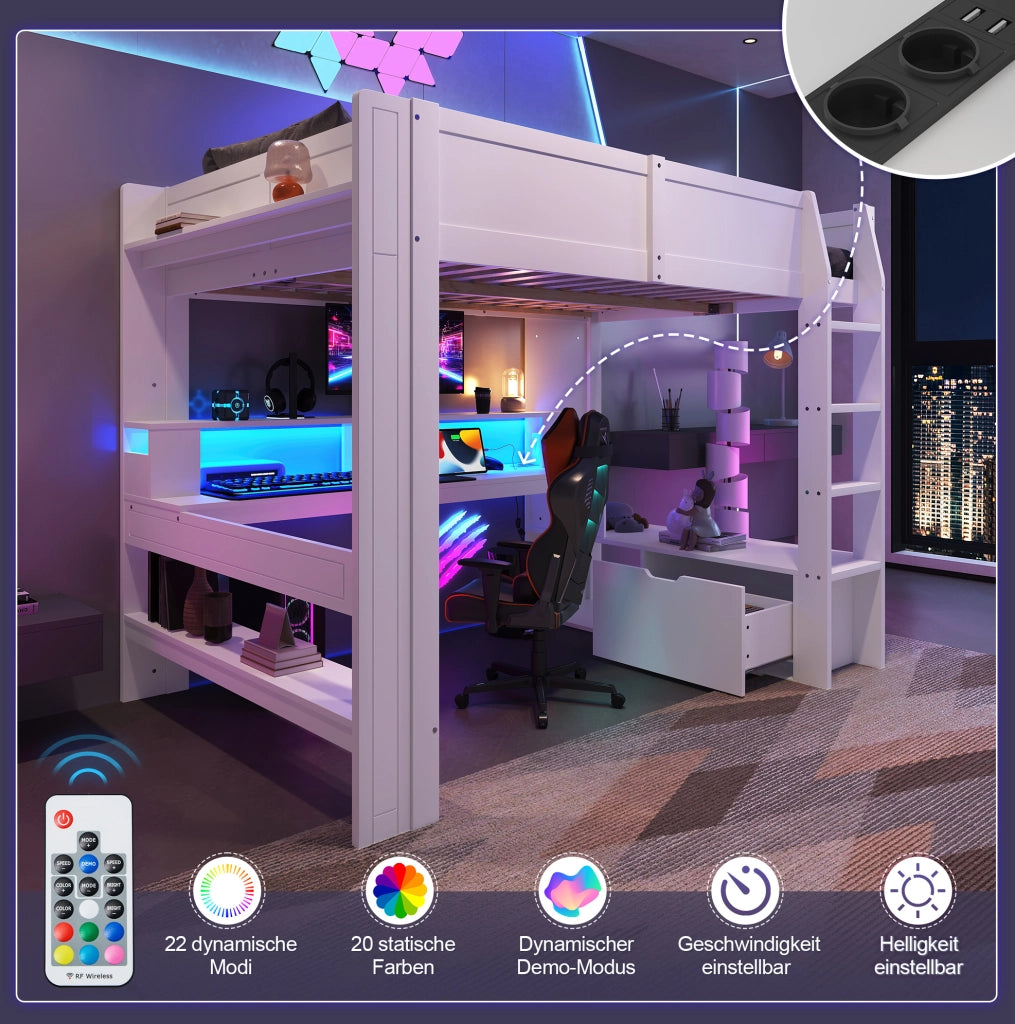 Letto a soppalco 140x200 cm con scrivania, LED e contenitori