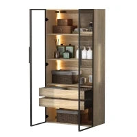 Armadio da bagno con illuminazione LED, 2 grandi cassetti e 2 ante in vetro, 74×36×155 cm, Naturale