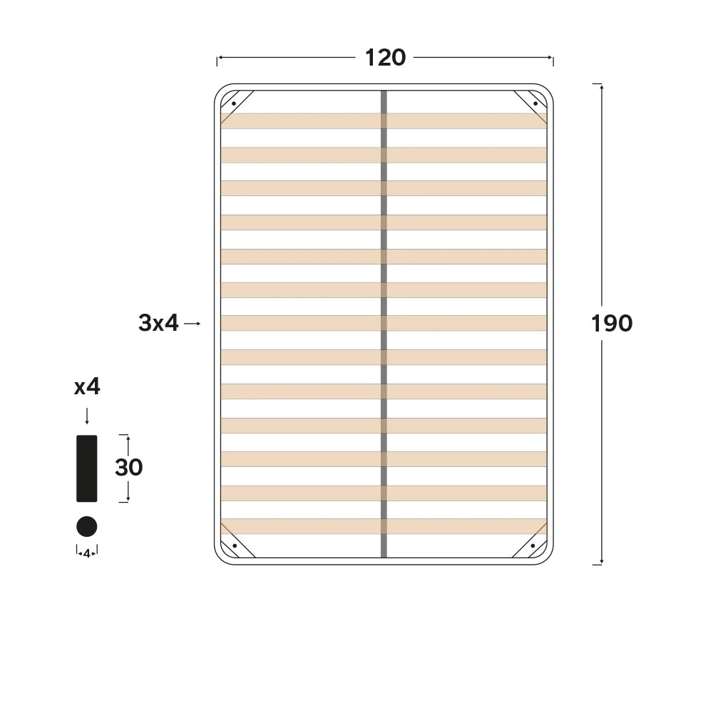 Rete ortopedica 120X190 13 doghe in betulla con 4 piedi |100% MADE IN ITALY| struttura in acciaio anti cigolio, angoli anti infortunistici, altezza 34 cm
