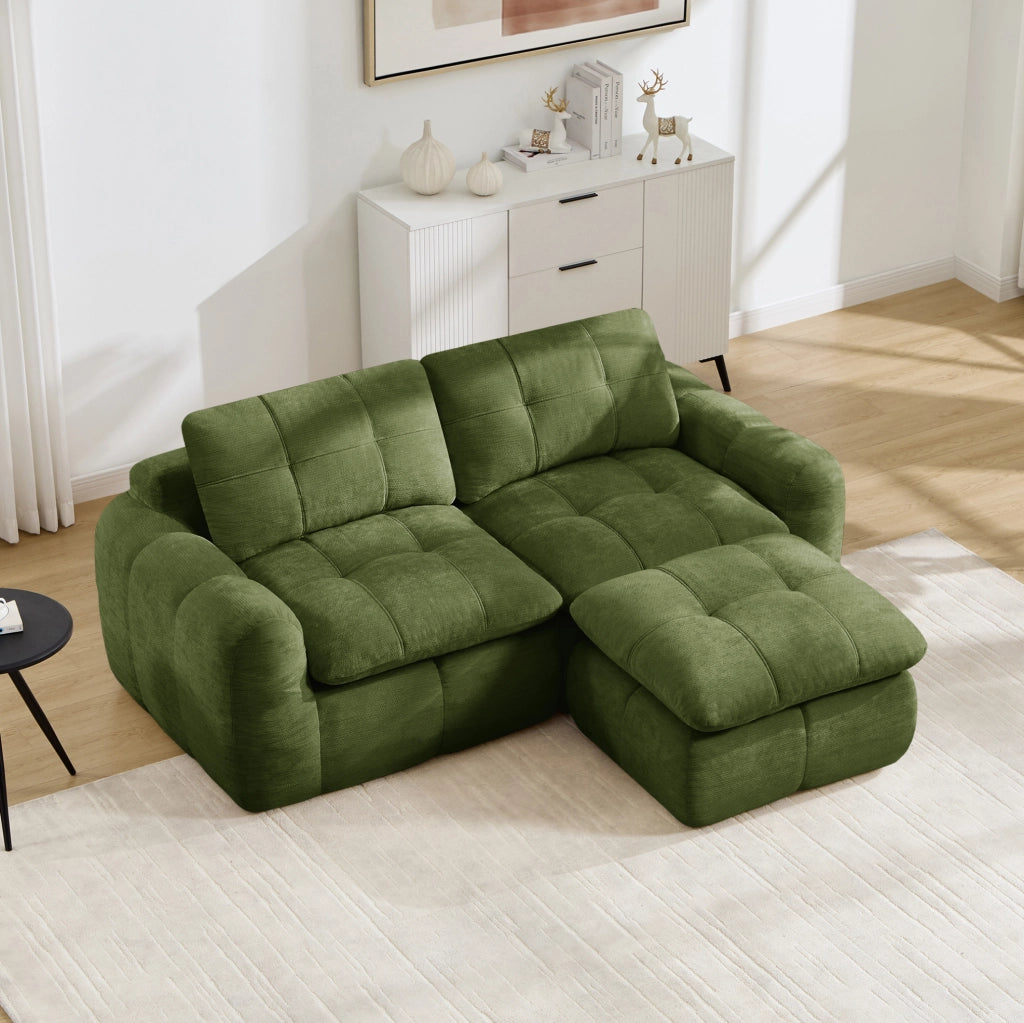 Divano modulare angolare 2 posti con pouf 194x160x68 cm in chenille verde