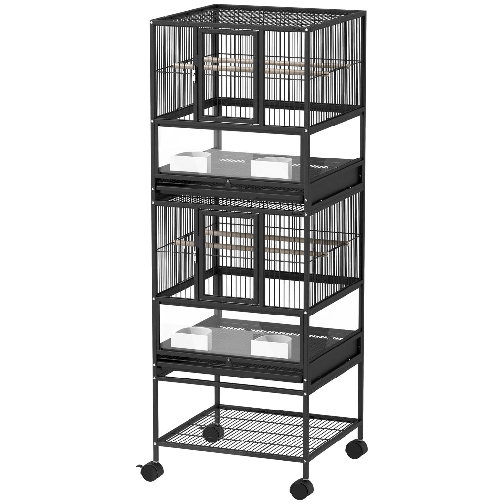 Gabbia per Uccelli 2 Livelli con Pannelli Acrilici ¨C zephmum ¨C Nero 48x46x134.5 cm