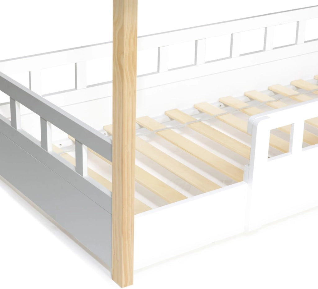 Cama camarote infantil 80 x 160 CM NEREE blanco y haya con somier y barandillas