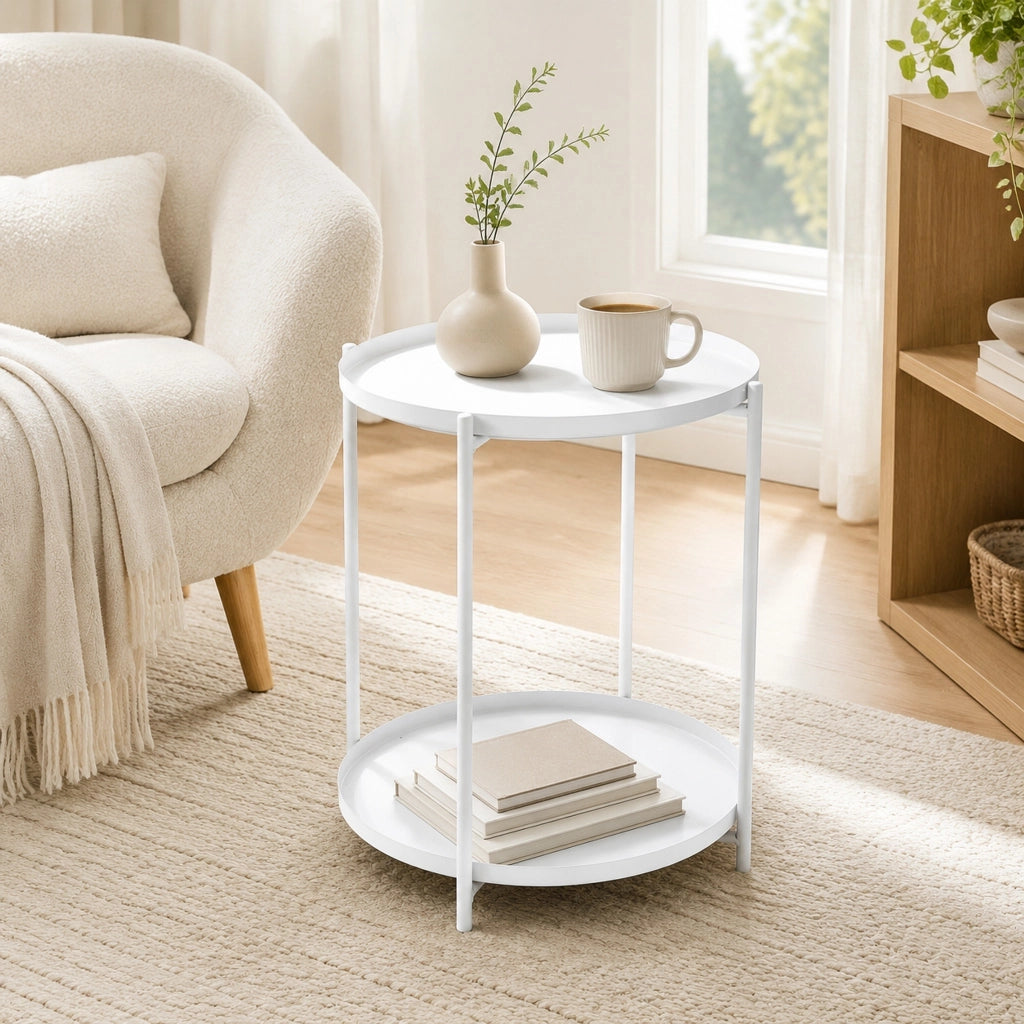 Tavolino laterale rotondo 42x52 cm a 2 ripiani in MDF e metallo bianco
