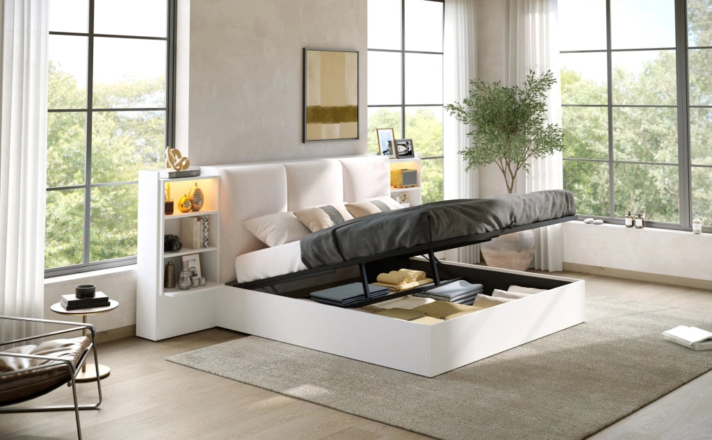 DESMIU Lit coffre 180 × 200 cm 2 posti con 6 vani, LED, senza materasso, in MDF e compensato, bianco