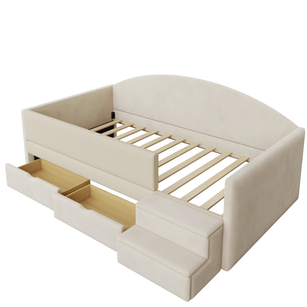 Letto per bambini 90 × 190 cm con 2 cassetti, sponde di sicurezza et scalini, senza materasso, beige