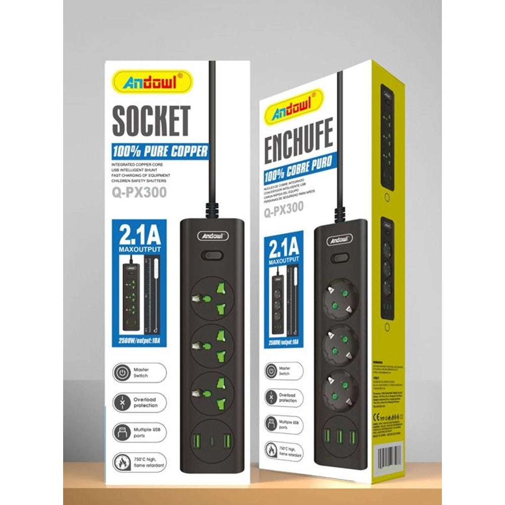 Trade Shop - Ciabatta Multipresa Elettrica 3 Prese+2 Porte Usb Ricarica Rapida Con Interruttore Q-px300 -