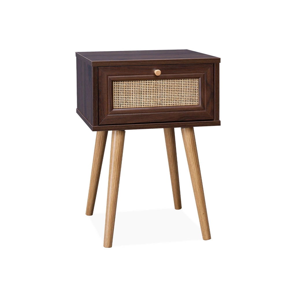 Comodino effetto legno e intrecciatura cannage, 1 cassetto, marrone