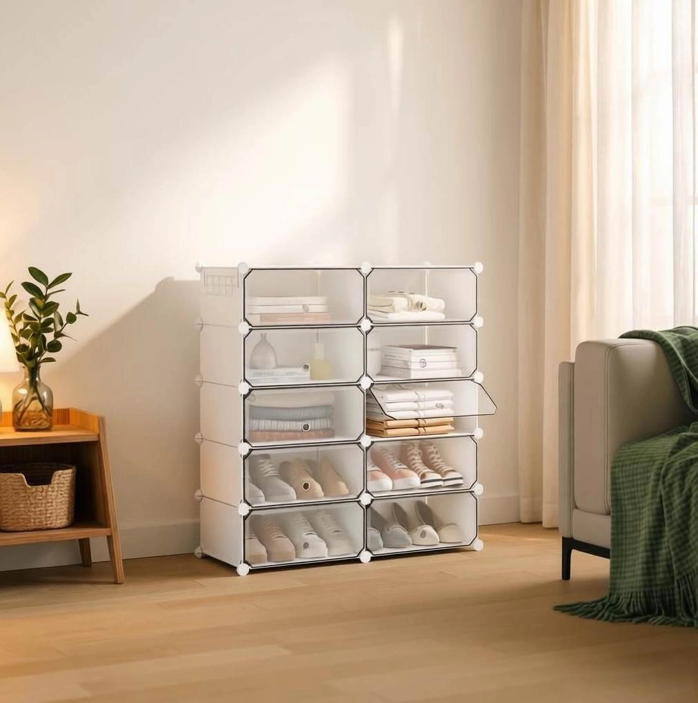 SCARPIERA Modulare 40x30x170 cm Bianca in PP e Metallo a 10 Scomparti