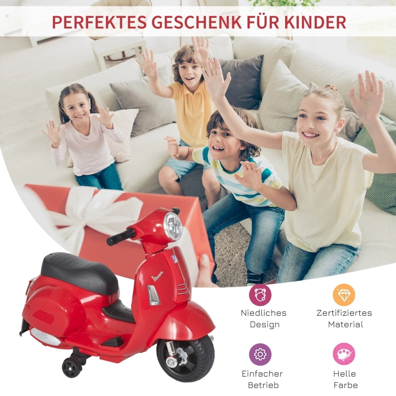 Vespa, moto elettrica per bambini, con luci a LED e suoni, adatta a bambini dai 18 ai 36 mesi, colore rosso.