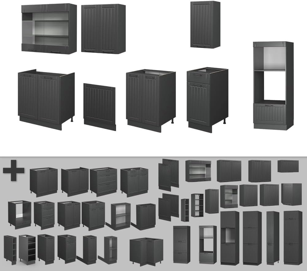 Cucina componibile Fame-Line, Grigio scuro, 300 cm con armadio alto, senza piano di lavoro