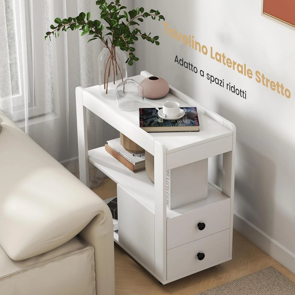 Tavolino da Salotto, Tavolino Moderno Laterale a 2 Cassetti con Ripiani Aperti e Ruote Universali Bloccabili, Tavolo Stretto per Soggiorno, Camera da Letto e Ufficio (Bianco)