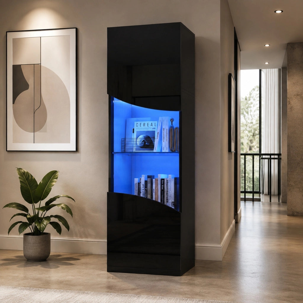 Vetrina alta stretta con LED e vetro temperato 35x50x165 cm nera lucida